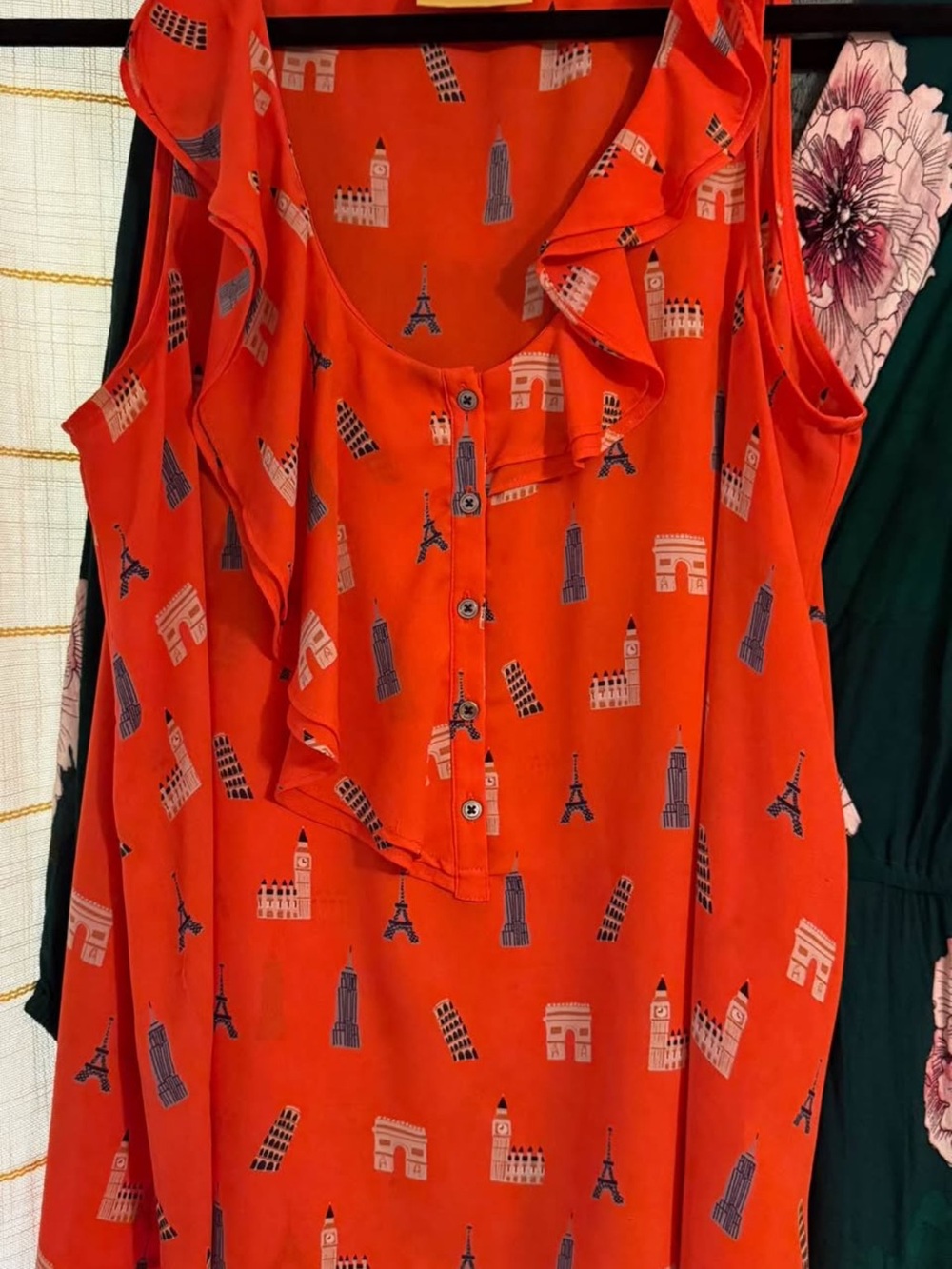 Maeve Anthropologie Coral Red Sleeveless Ruffle-Front Travel Landmark Print Top